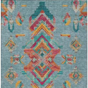 5 X 8 Teal Ivory Tribal Polyester Area Rug Stain Resistant Indoor Outdoor Use