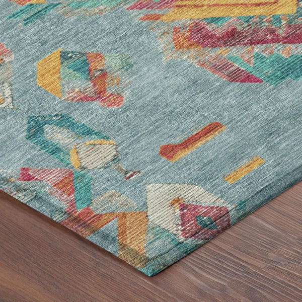 5 X 8 Teal Ivory Tribal Polyester Area Rug Stain Resistant Indoor Outdoor Use