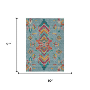 5 X 8 Teal Ivory Tribal Polyester Area Rug Stain Resistant Indoor Outdoor Use
