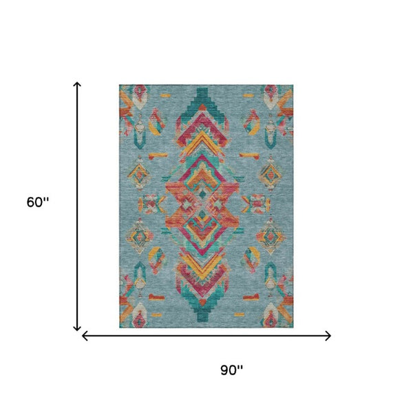 5 X 8 Teal Ivory Tribal Polyester Area Rug Stain Resistant Indoor Outdoor Use