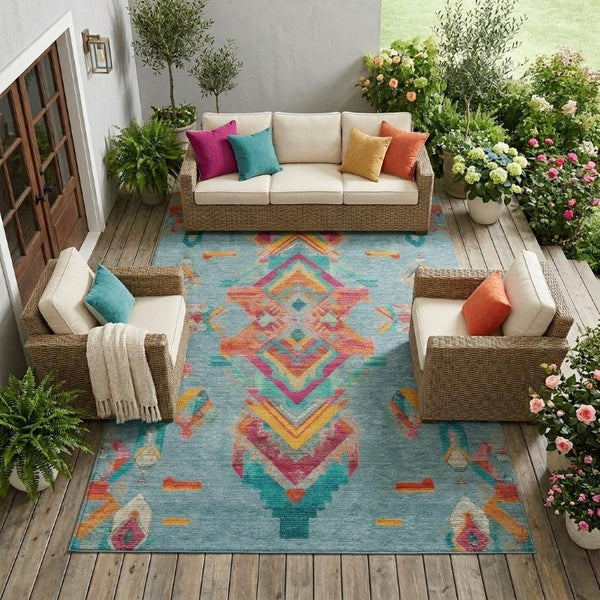 8x10 Teal Ivory Tribal Polyester Area Rug Stain Resistant for Patio or Living Room