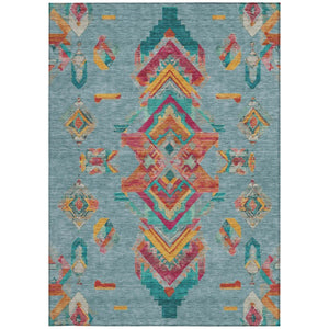 8x10 Teal Ivory Tribal Polyester Area Rug Stain Resistant for Patio or Living Room
