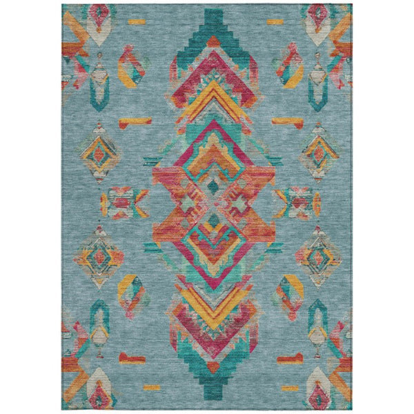 8x10 Teal Ivory Tribal Polyester Area Rug Stain Resistant for Patio or Living Room
