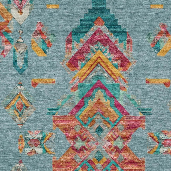 8x10 Teal Ivory Tribal Polyester Area Rug Stain Resistant for Patio or Living Room