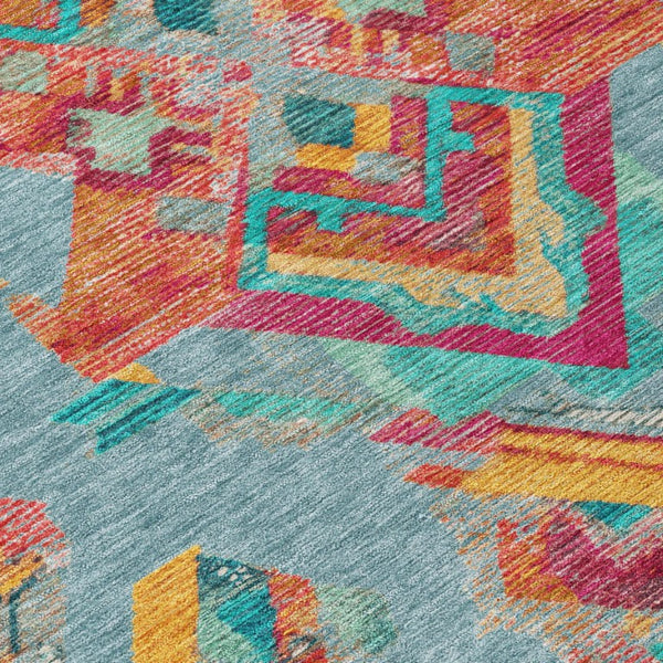 8x10 Teal Ivory Tribal Polyester Area Rug Stain Resistant for Patio or Living Room