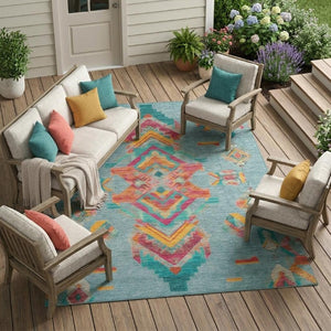 9x12 Teal Ivory Tribal Polyester Area Rug Stain Resistant for Indoor Outdoor Use