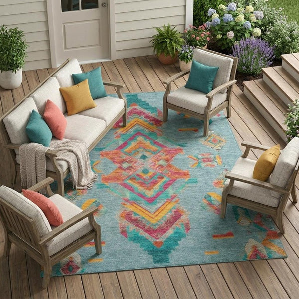 9x12 Teal Ivory Tribal Polyester Area Rug Stain Resistant for Indoor Outdoor Use