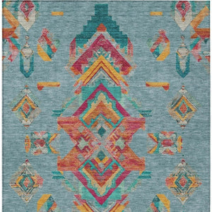 9x12 Teal Ivory Tribal Polyester Area Rug Stain Resistant for Indoor Outdoor Use