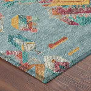 9x12 Teal Ivory Tribal Polyester Area Rug Stain Resistant for Indoor Outdoor Use