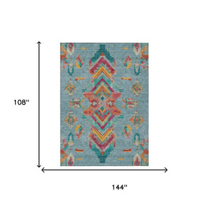 9x12 Teal Ivory Tribal Polyester Area Rug Stain Resistant for Indoor Outdoor Use