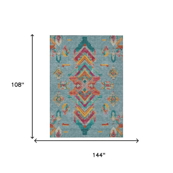 9x12 Teal Ivory Tribal Polyester Area Rug Stain Resistant for Indoor Outdoor Use