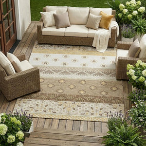 9 X 12 Striped Beige Brown Polyester Area Rug Washable for Patio and Living Room