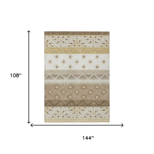9 X 12 Striped Beige Brown Polyester Area Rug Washable for Patio and Living Room
