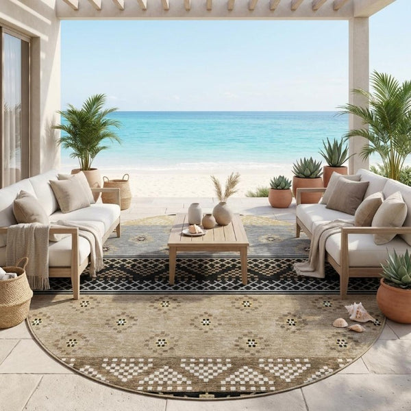 8 Foot Round Striped Polyester Rug Washable Indoor Outdoor Patio Porch Kitchen