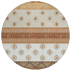 HomeRoots 8 Foot Round Striped Polyester Area Rug in Orange and Blue for Patio or Mudroom 735558
