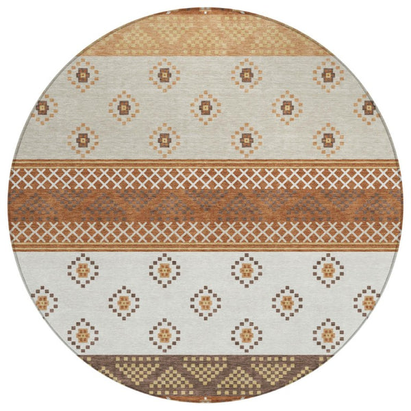 HomeRoots 8 Foot Round Striped Polyester Area Rug in Orange and Blue for Patio or Mudroom 735558