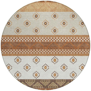 8 Foot Round Striped Polyester Area Rug in Orange and Blue for Patio or Mudroom
