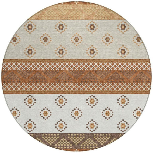 8 Foot Round Striped Polyester Area Rug in Orange and Blue for Patio or Mudroom