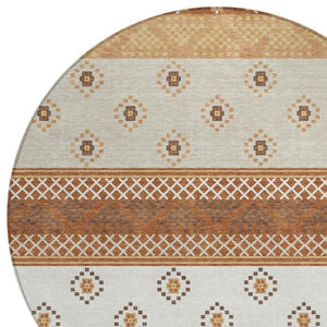 8 Foot Round Striped Polyester Area Rug in Orange and Blue for Patio or Mudroom
