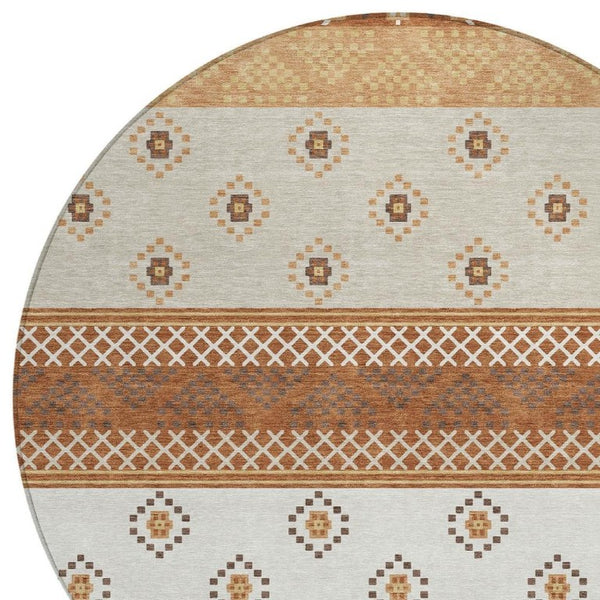 8 Foot Round Striped Polyester Area Rug in Orange and Blue for Patio or Mudroom