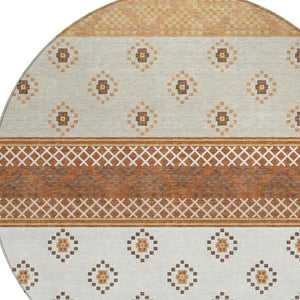 8 Foot Round Striped Polyester Area Rug in Orange and Blue for Patio or Mudroom