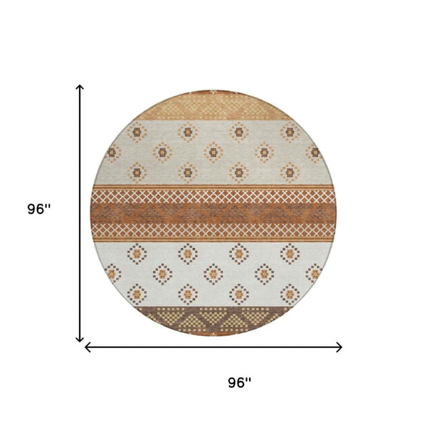 8 Foot Round Striped Polyester Area Rug in Orange and Blue for Patio or Mudroom