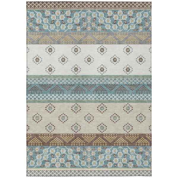 HomeRoots 5 X 8 Striped Teal Beige Polyester Area Rug Washable for Patio or Living Room 735563