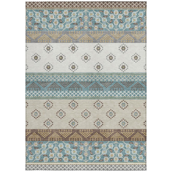 5 X 8 Striped Teal Beige Polyester Area Rug Washable for Patio or Living Room