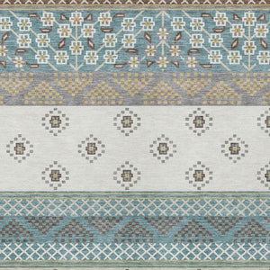 5 X 8 Striped Teal Beige Polyester Area Rug Washable for Patio or Living Room