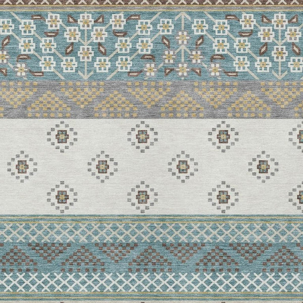5 X 8 Striped Teal Beige Polyester Area Rug Washable for Patio or Living Room