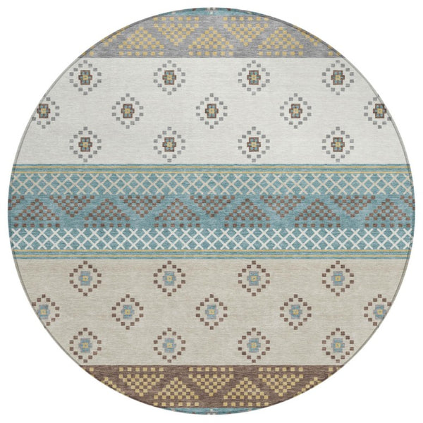 HomeRoots 8 Ft Round Striped Teal Beige Polyester Washable Rug for Patio or Family Room 735564