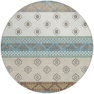 8 Ft Round Striped Teal Beige Polyester Washable Rug for Patio or Family Room