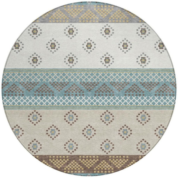 8 Ft Round Striped Teal Beige Polyester Washable Rug for Patio or Family Room