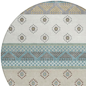 8 Ft Round Striped Teal Beige Polyester Washable Rug for Patio or Family Room