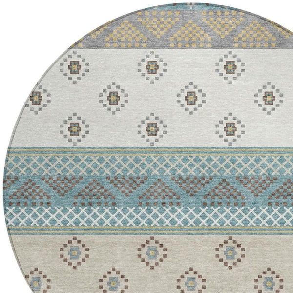 8 Ft Round Striped Teal Beige Polyester Washable Rug for Patio or Family Room