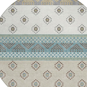 8 Ft Round Striped Teal Beige Polyester Washable Rug for Patio or Family Room