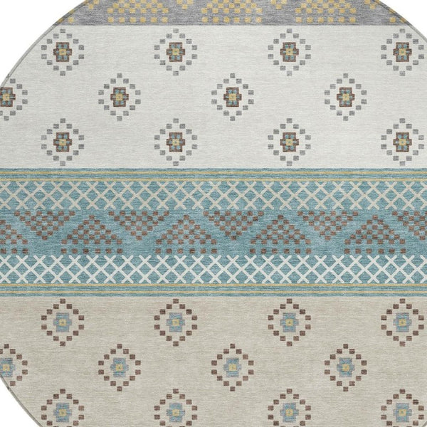 8 Ft Round Striped Teal Beige Polyester Washable Rug for Patio or Family Room