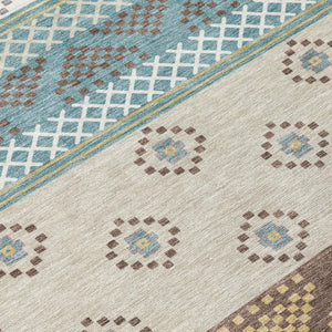 8 Ft Round Striped Teal Beige Polyester Washable Rug for Patio or Family Room