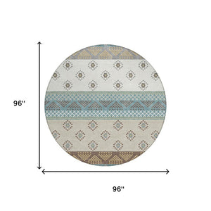 8 Ft Round Striped Teal Beige Polyester Washable Rug for Patio or Family Room