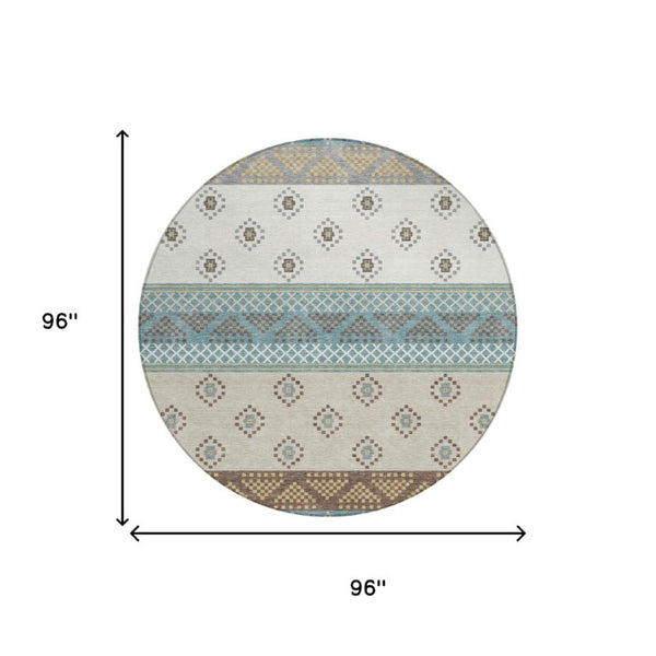 8 Ft Round Striped Teal Beige Polyester Washable Rug for Patio or Family Room