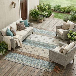 8 X 10 Teal Beige Stripe Washable Polyester Area Rug for Patio or Living Room