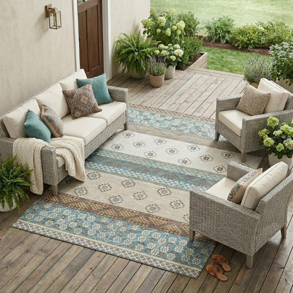 8 X 10 Teal Beige Stripe Washable Polyester Area Rug for Patio or Living Room