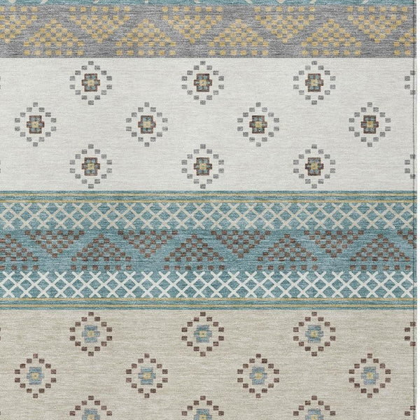 8 X 10 Teal Beige Stripe Washable Polyester Area Rug for Patio or Living Room