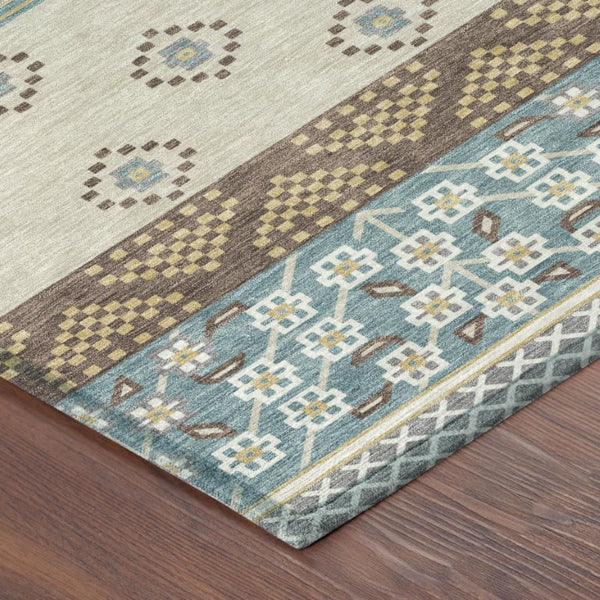 8 X 10 Teal Beige Stripe Washable Polyester Area Rug for Patio or Living Room