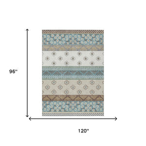 8 X 10 Teal Beige Stripe Washable Polyester Area Rug for Patio or Living Room