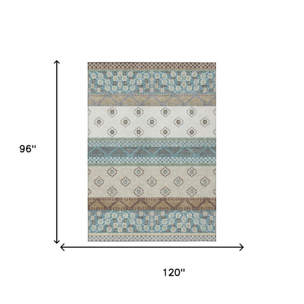 8 X 10 Teal Beige Stripe Washable Polyester Area Rug for Patio or Living Room