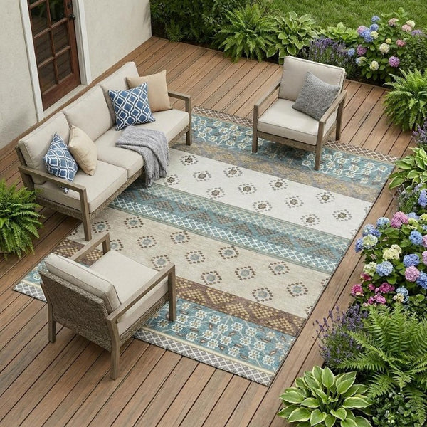 10 X 14 Teal Beige Stripe Polyester Area Rug Stain Resistant for Patio or Living Room