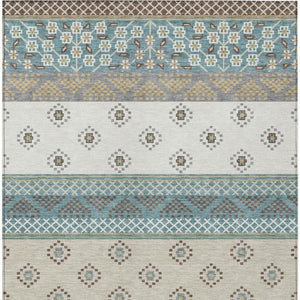 10 X 14 Teal Beige Stripe Polyester Area Rug Stain Resistant for Patio or Living Room