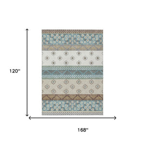 10 X 14 Teal Beige Stripe Polyester Area Rug Stain Resistant for Patio or Living Room