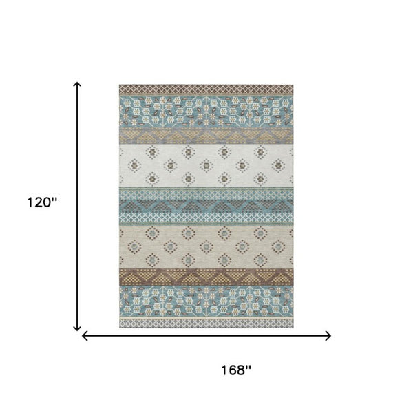 10 X 14 Teal Beige Stripe Polyester Area Rug Stain Resistant for Patio or Living Room